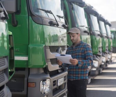 Man by fleet of trucks looking at paperwork
